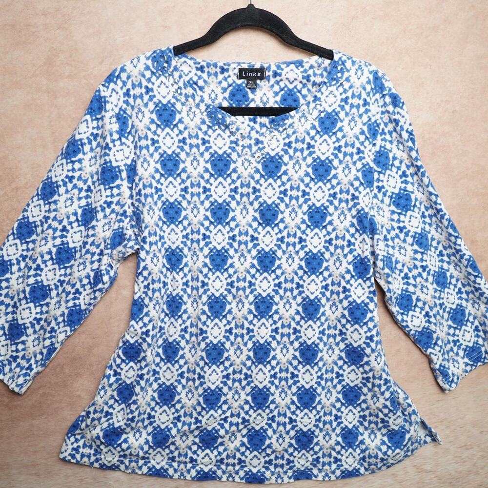 Links Blue White Print Embellished Top XL